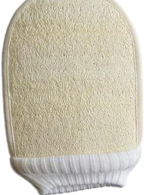 Produktbild von 2 fingerlose Luffa-Peelinghandschuhe mit elastischem Handriemen für sanfte Körpermassage und die Entfernung abgestorbener Haut