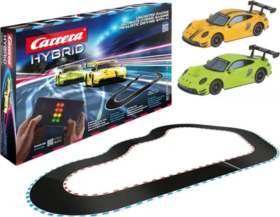 Zdjęcie produktu dla Carrera HYBRID Speedway to Hell I Wyścigowa zabawa nowej generacji - Legendarne samochody wyścigowe Porsche 911 GT3 R w skali 1:50 - Technologia hybrydowa ze wsparciem sztucznej inteligencji - Sterowanie za pomocą aplikacji na smartfona