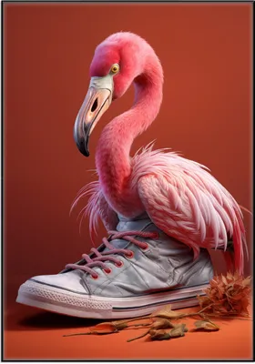 Produktbild von Wallario Wandbild Flamingo im Sneaker, Größe: 70,30 x 100,30 cm, Poster mit schwarzem Aluminiumrahmen