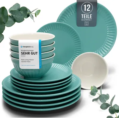 Produktbild von Steingut Geschirrset 4 Personen Hygge 12-tlg Hochwertiges Skandinavisches Steingut Geschirr Set - Schüssel- und Teller Set - Tafelservice Geschirr