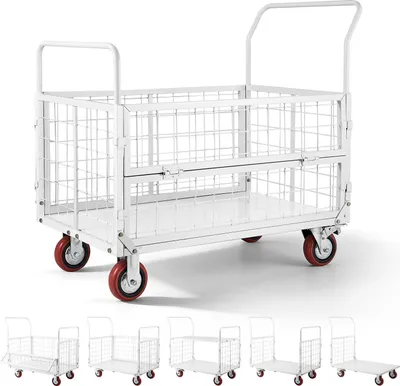 Obrázek produktu pro VEVOR plošinový vozík s mřížovými stěnami 907 kg, skládací transportní vozík 6 v 1 s otočnými koly, ruční vozík pro těžké náklady, multifunkční vozík na materiál, pro potraviny, prádlo, 1130 x 675 x 1070 mm