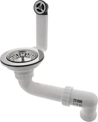 A white sink drain assembly with a chrome strainer and overflow mechanism, set against a white background.