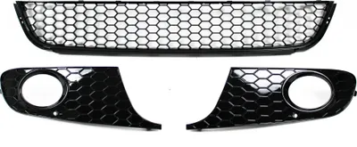 Zdjęcie produktu dla Zestaw zderzak kratka plaster miodu lewy + prawy + środkowy CZARNY GLANZ do VW Golf 6 VI od 2008- (nie GTI GTD R)