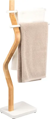 Image de eluno Porte-serviettes sur pied, 2 barres, porte-serviettes en bois  et métal blanc