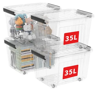 Zdjęcie produktu dla Pojemniki Cetomo o pojemności 35 litrów (4 sztuki), plastikowe pojemniki wzmocnione żeberkami, wyposażone w kółka