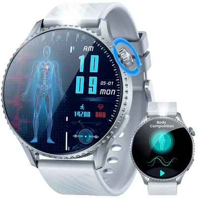 Obrázok produktu pre Inteligentné hodinky pre pánov s EKG a analýzou variability srdcovej frekvencie (HRV), displej AMOLED, funkcia telefónu cez Bluetooth, inteligentné hodinky s monitorovaním srdcovej frekvencie a krvného tlaku, vodotesnosť IP67, kompatibilné s iOS, strieborná farba