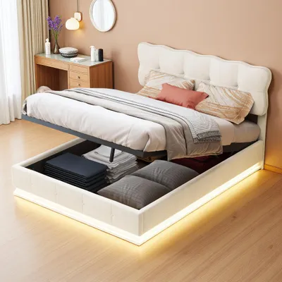 Immagine prodotto di Letto imbottito Fortuna Lai 140x200 cm, LED, rete, idraulico, testata regolabile, velluto, beige