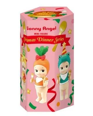 A pink hexagonal box for Sonny Angel mini figures, featuring Christmas Dinner Series branding and illustrations of characters.
