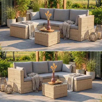 Produktbild von BEAUTYSOFA | SEVILLA Polyrattan Gartenlounge Beige – Gartenmöbel Set, Ecksofa, Ecklounge mit Couchtisch, Outdoor Sofa, Loungegruppe für 4 Personen