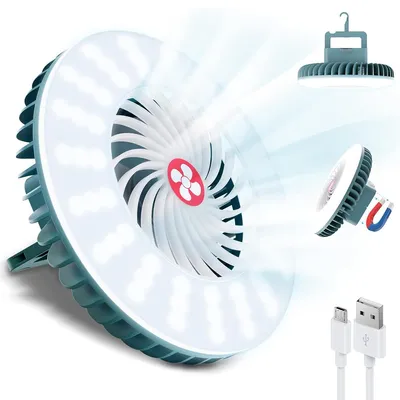 Produktbild von Mini USB-Ventilator mit LED-Licht, 4000 mAh Akku, 3 Windstufen, klappbarer Haken & Magnet – tragbar für Camping, Zelt & Outdoor