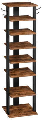 Schmales Schuhregal mit 8 Ebenen, 2 Haken, 28x28x113 cm, Braun-Schwarz