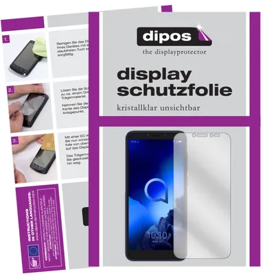 A collage of images showing instructions for applying a screen protector and a product image of a phone with a screen protector.