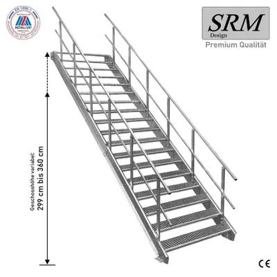 Immagine prodotto di scala in acciaio a 18 gradini con ringhiere su entrambi i lati Larghezza 100 cm Altezza del piano 299-360 cm