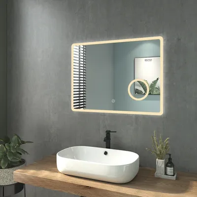 Obrázek produktu pro Heilmetz LED koupelnové zrcadlo 80x60cm Nástěnné zrcadlo Koupelnové zrcadlo Koupelnové zrcadlo s osvětlením s trojnásobným zvětšením Bez mlhy 3 druhy světla Variabilní stmívání IP44 Vodotěsné zrcadlo