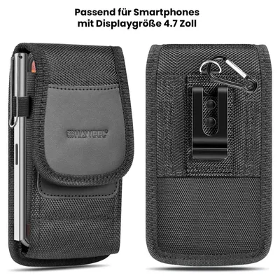 Two views of a black smartphone belt pouch, one showing a phone inside and the other showing the clip and carabiner.
