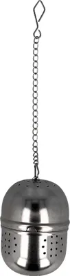 A silver tea infuser with a chain and hook is shown against a white background.