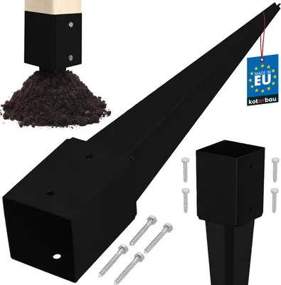 A product image showing black metal post anchors for outdoor structures, with some soil and screws.
