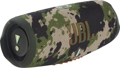 A JBL Charge 5 portable Bluetooth speaker with a camouflage pattern.