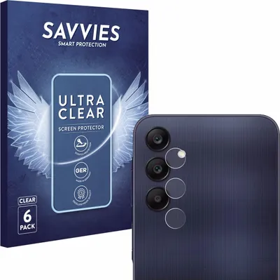 A product package for screen protectors is shown next to a smartphone with camera lens protectors applied.