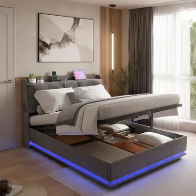 Obrázok produktu pre INONEFT čalúnená posteľ 160x200 s LED osvetlením a USB portami, posteľ s pružinovým roštom a hydraulickým úložným priestorom, posteľ pre mládež s latkovým roštom, dvojlôžková posteľ, zamat, sivá farba