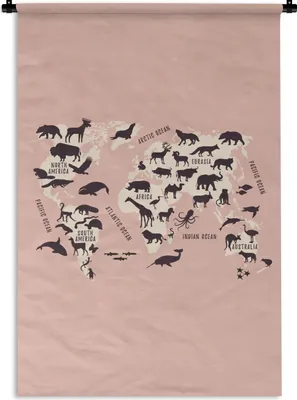 Produktbild von MuchoWow® Wandteppich Wandbehang Weltkarte - Tiere - Scherenschnitt 60x90 cm Tapisserie Dekoration Wandtuch - Foto-Teppich - Abwaschbar