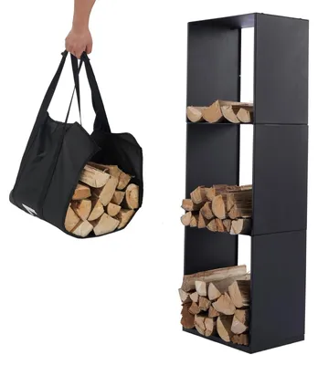 Zdjęcie produktu dla Stojak na drewno opałowe - Stal - 40 x 28 x 120 cm - Czarny - Z torbą transportową - Do przechowywania drewna na zewnątrz i w domu