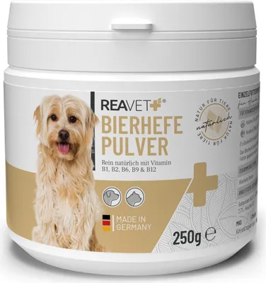 Produktbild von REAVET Bierhefe Pulver für Hunde & Katzen 250g - Reine Bierhefe gemahlen gegen Haarausfall, Natürliche B Vitamine und Biotin für Hund und Katze, Ohne Zusätze