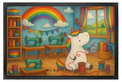 Produktbild von Mr. & Mrs. Panda Fussmatte Einhorn Näherin Design 40 x 60 cm - Weiß - Geschenk, Schmutzmatte, Häkeln, Einhörner, Schmutzfangmatte, Stricken, Basteln, teppichmatte, Nähen