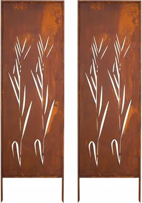 Two identical metal garden screens with a cut-out design of reeds, standing upright on a white background.