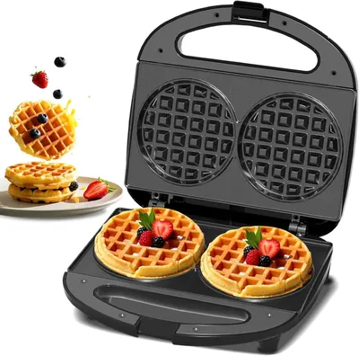 Obrázek produktu pro Mini elektrický výrobník vafle pro přípravu dvou vafle najednou - 750 W - Nepřilnavé desky - Automatická regulace teploty - 2 desky - Konektor pro evropskou zásuvku - Černá barva