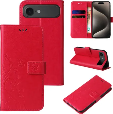 Produktbild von Handyhülle für Apple iPhone 17 Air Floral Blumen Schmetterling Flip Cover Hülle Case Klapphülle Handytasche Farbe: Rot