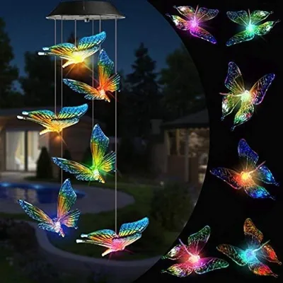 Produktbild von PolkaHome® Farbwechselnder Schmetterling Windspiel mit Solar – Dekorative Außenbeleuchtung für Garten, Terrasse, Balkon