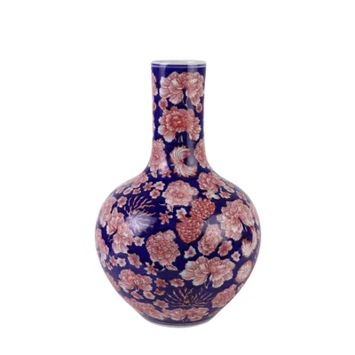 Produktbild von Fine Asianliving Chinesische Vase Porzellan Blau Rot Pfingstrosen Handgemalt D23xH35cm Dekorative Vase Blumenvase Orientalische Keramik Vase Dekoration Vase Moderne Tischdekoration Vase