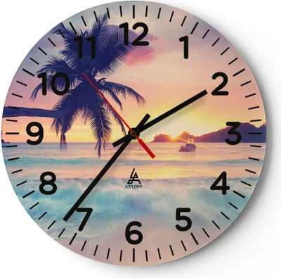 Produktbild von Wanduhr - Rund - Glasuhr - Meer Strand Palme - 40x40cm - Schleichendes Uhrwerk - Lautlos - zum Aufhängen bereit - Dekoration Modern - Wanddekoration aus Glas - C4AR40x40-3992