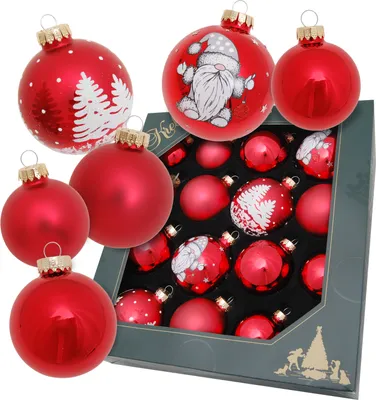Produktbild von Krebs Glas Lauscha Exklusives 16er Glaskugelset - Red Christmas - 6 Matte & 6 Glänzende Kugeln + 4 mit Design