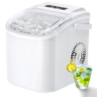 Immagine prodotto di Piccola macchina per la produzione di ghiaccio, portatile con maniglia, produce 9 cubetti di ghiaccio in 6 minuti, macchina portatile autopulente per uso domestico, colore bianco