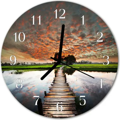 Produktbild von Glasuhr Wanduhr Küchenuhr Echt-Glas 30fi cm Wiese Brücke mehrfarbig