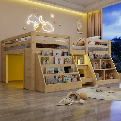 Immagine prodotto di Letto a soppalco 140 x 200 cm con illuminazione a LED, ripiani aperti, ringhiera perimetrale e scaletta, realizzato in legno di pino e MDF, finitura naturale