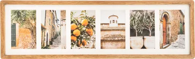 A collage of six photos depicting Italian-style scenes, including buildings, trees, and fruit, framed in a wooden border.
