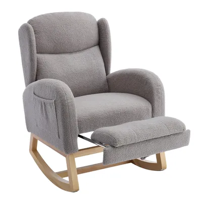 Produktbild von AIORBER Schaukelstuhl mit Teddy-Stoff, verstellbarer Fußstütze, hoher Rückenlehne, Holzgestell, Tasche, Loungesessel, Relaxstuhl, Weiß / Grün / Grau