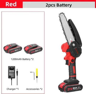 Produktbild von 21V Mini-Kettensäge - Astsäge - Akkubetrieben - 2 Akkus enthalten - Bürstenmotor - EU-Stecker - Rot