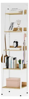 Produktbild von Lagerregal mit 5 Ebenen und 4 Haken, Bücherregal im Industriestil, Standregal für Wohnzimmer und Küche, Regal aus MDF und Metall, schmales Leiterregal in Weiß 40 x 170 x 36 cm