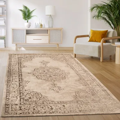 Produktbild von Teppich Wohnzimmer Schlafzimmer Kurzflor Vintage Orientalisch Abstraktes Muster Beige Grösse 80x300 cm