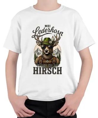 Produktbild von Mei Lederhosn trogt no da Hirsch  Bayern Lederhose Kinder T-Shirt, Weiß, 104