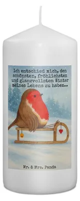 Produktbild von Mr. & Mrs. Panda Kerze Rotkehlchen Schlitten Design 15 x 7 cm - Weiß - Geschenk, Erinnerungskerze, Blockkerze, Stumpenkerze, Wachskerze, Weihnachten, Bedruckte, Winter