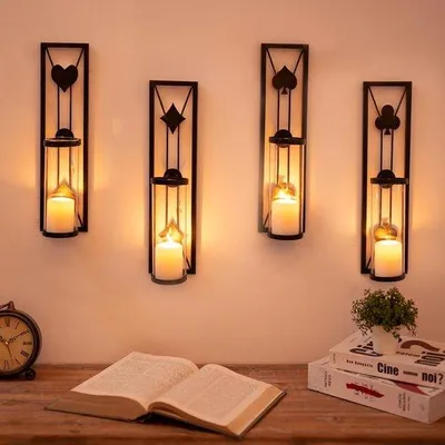 Produktbild von Orkaanglas Wandkandelabers, Set von 4, Hangende Kaarshalter, Zwart Metall, Minimalistisch, Wohnzimmer, Badezimmer, Esszimmer