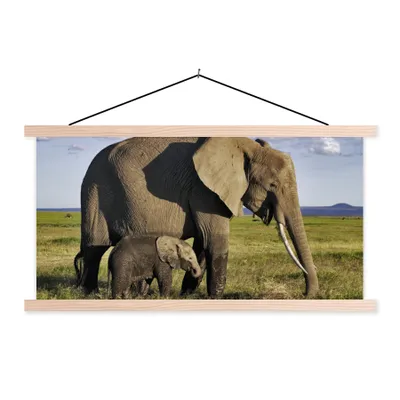 Produktbild von MuchoWow® Textilposter Elefant - Tiere - Grasland - Grün - Grau 120x60 cm mit holzfarbenen Rahmen - Klemmleiste