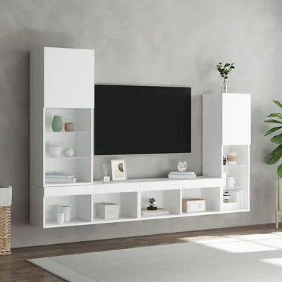 Immagine prodotto di Mobile parete attrezzata, 4 elementi, bianca, realizzata in materiale composito di legno, con vetro e illuminazione RGB a LED