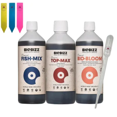 Produktbild von BioBizz Outdoor Big Set – 3-teilig (je 1L inkl. Pipette & 3 Pflanzenschildern)