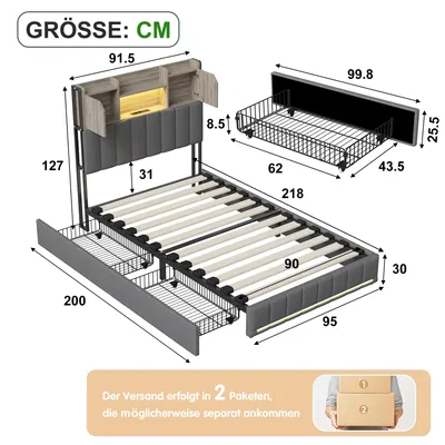 Obrázok produktu pre Postel s čalúneným rámom - Jednolôžková posteľ 90 x 200 cm - 2 zásuvky - Úložný priestor - Čalúnená opierka s odkladacou plochou - Rošt - Šedá farba